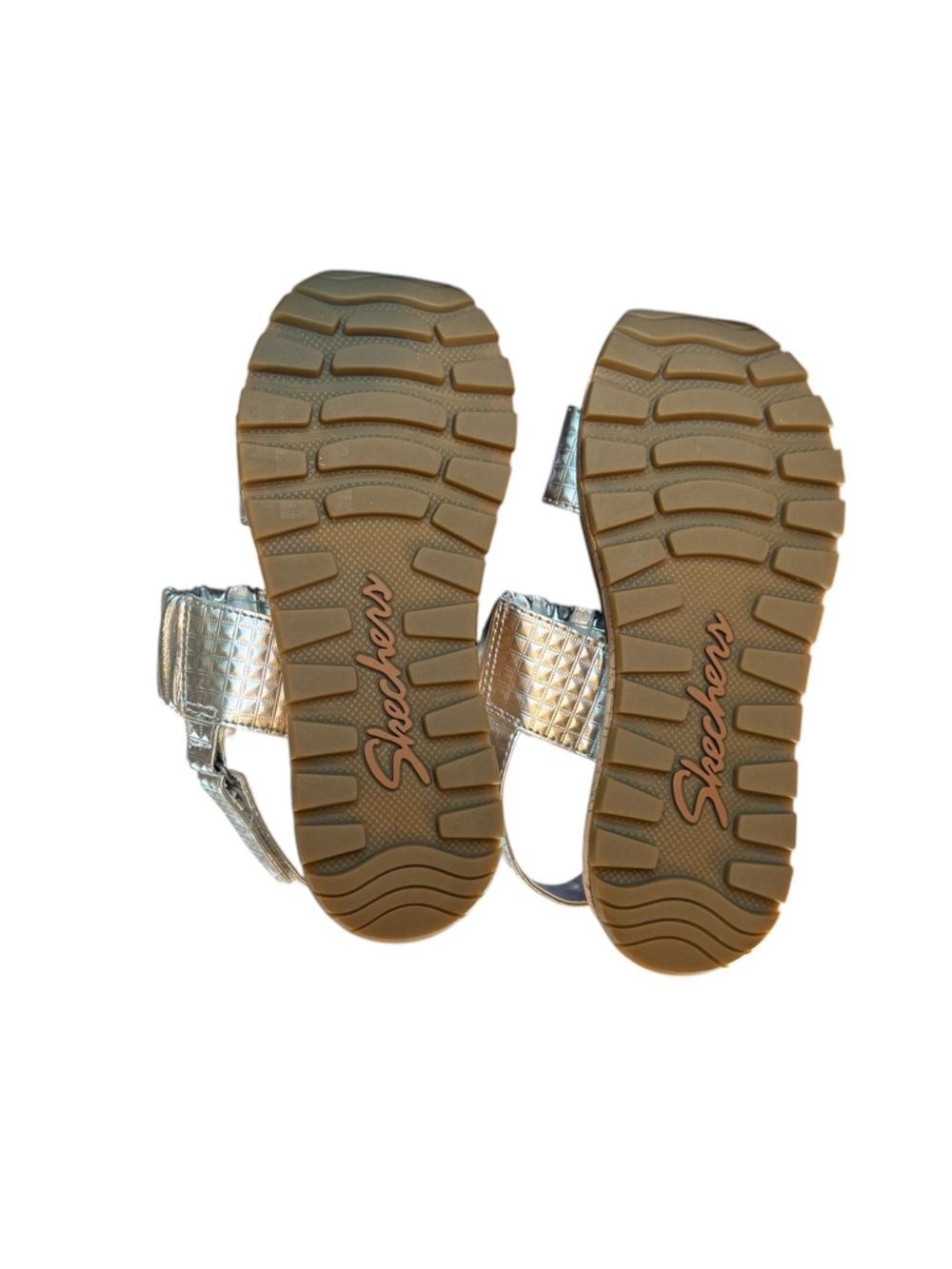 Skechers Luxe Foam Metallic Silver Ruched Woman's Cork Wedge Sandals Size 7 - Picture 4 of 9